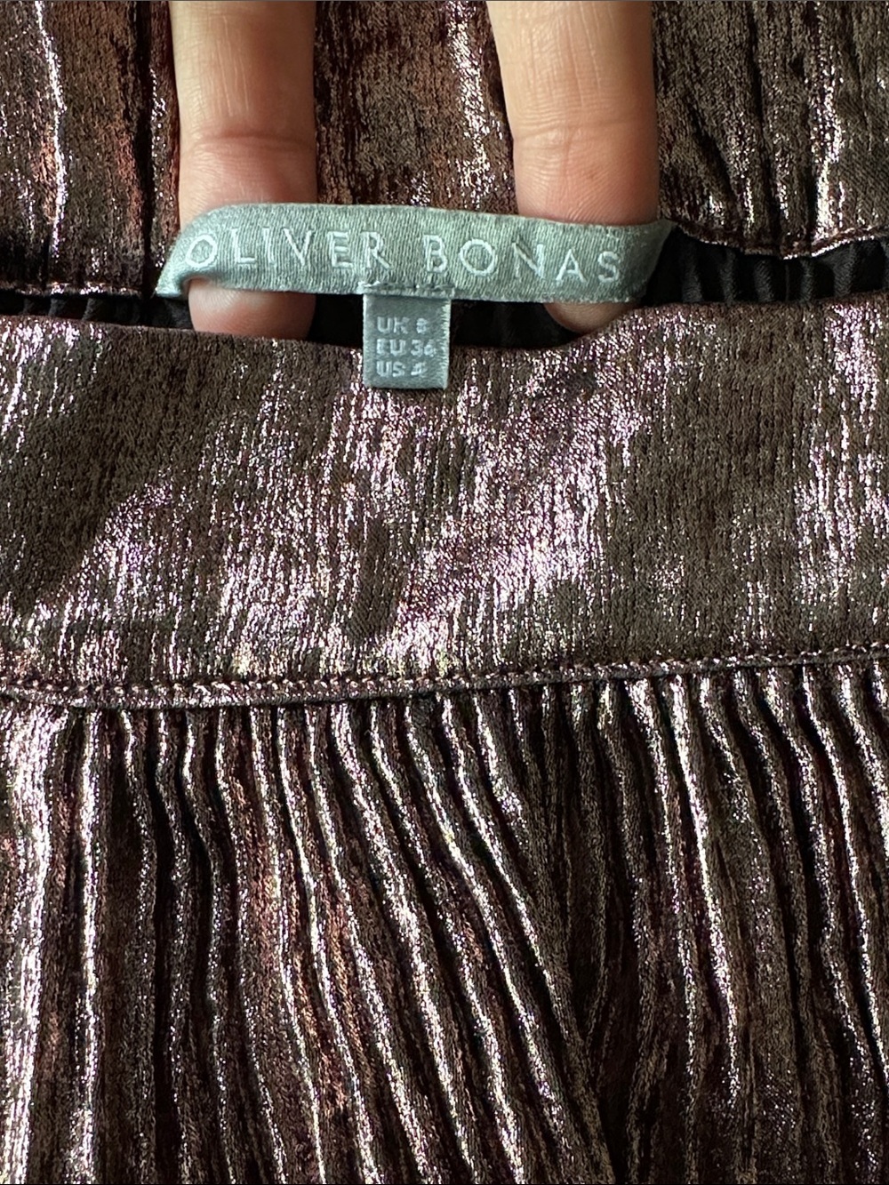 *OLIVER BONAS* Pleated Metallic Plisse Wide Leg Trouser Pants Size 4 - Picture 8 of 8